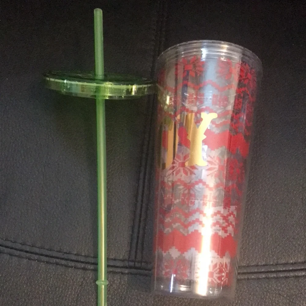 Double Wall Insulated Tumbler “JOY” with green top/straw, red knit patten